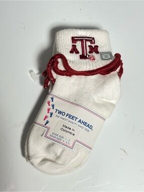 Two Feet Ahead White Kids Socks with Maroon Trim & Embroidered Logo